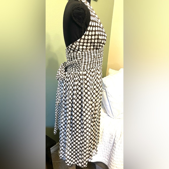 NWT NEW Silk Sz 6 Maggie London halter polka dot white brown midi dress Medium - Picture 10 of 14